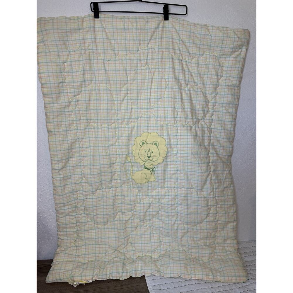 Vintage Quiltex Co Downlon Baby Blanket Plaid Lion Green Yellow Comforter Crib